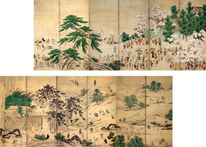 重文　花見鷹狩図屏風　伝 雲谷等顔